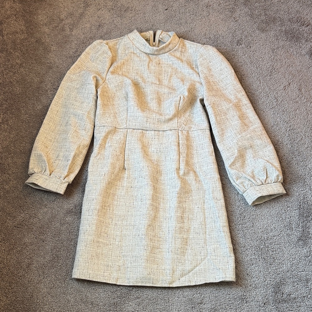 Emery Rose Beige Tweed Mini Dress Long Sleeve Mock Neck Textured Chic SIZE S
